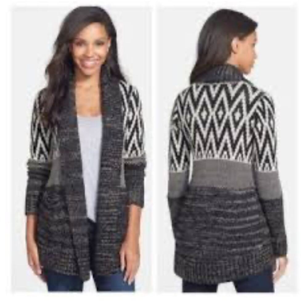 Lucky Brand Patterned Black White Knit Cardigan Size Medium